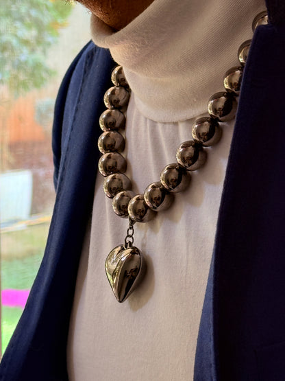 Men Gunmetal Tone Beaded Necklace with Heart Pendant