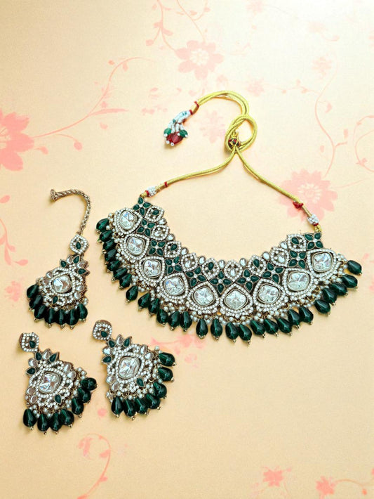 Bridal Green Stone Polki Choker with Earrings & Maangtikka