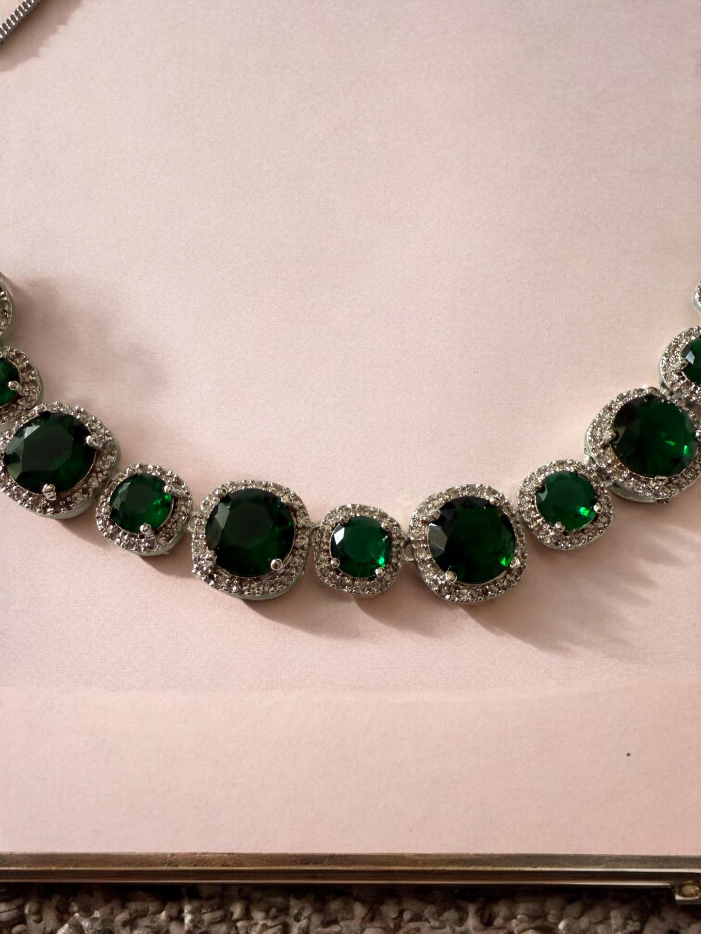 Rhodium Plated Green Large Small Stone Studded Necklace Set