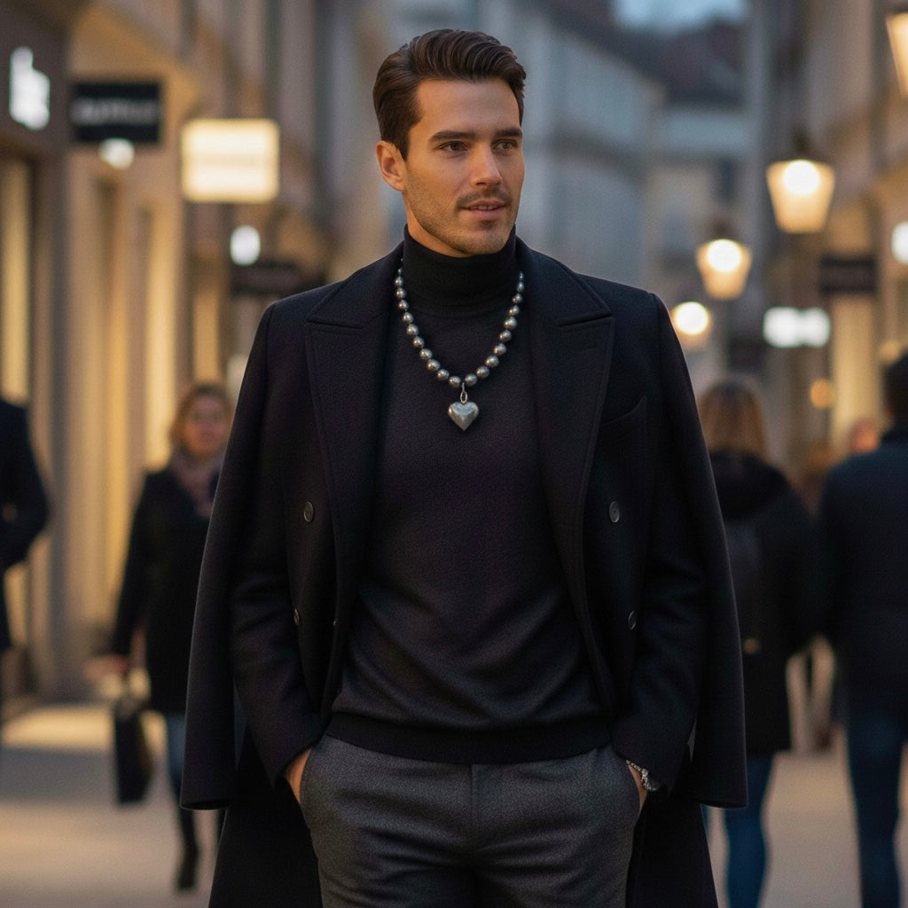 Men Gunmetal Tone Beaded Necklace with Heart Pendant