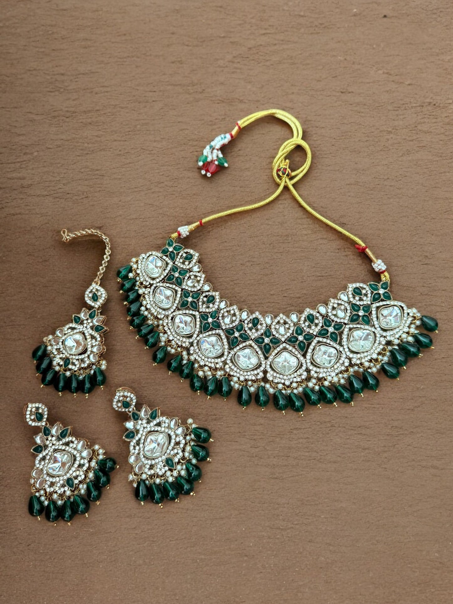Bridal Green Stone Polki Choker with Earrings & Maangtikka