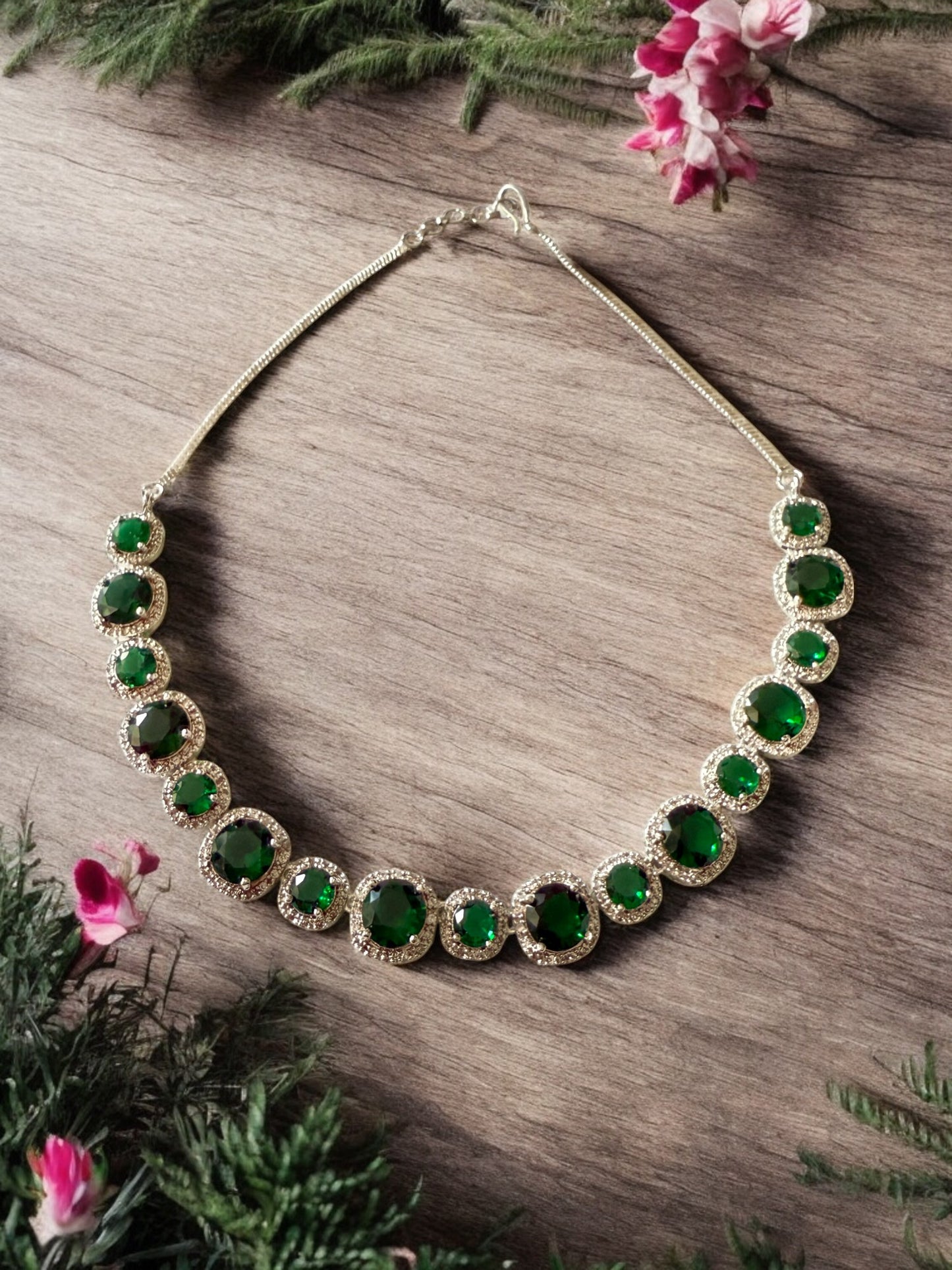 Rhodium Plated Green Large Small Stone Studded Necklace Set