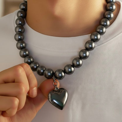 Men Gunmetal Tone Beaded Necklace with Heart Pendant