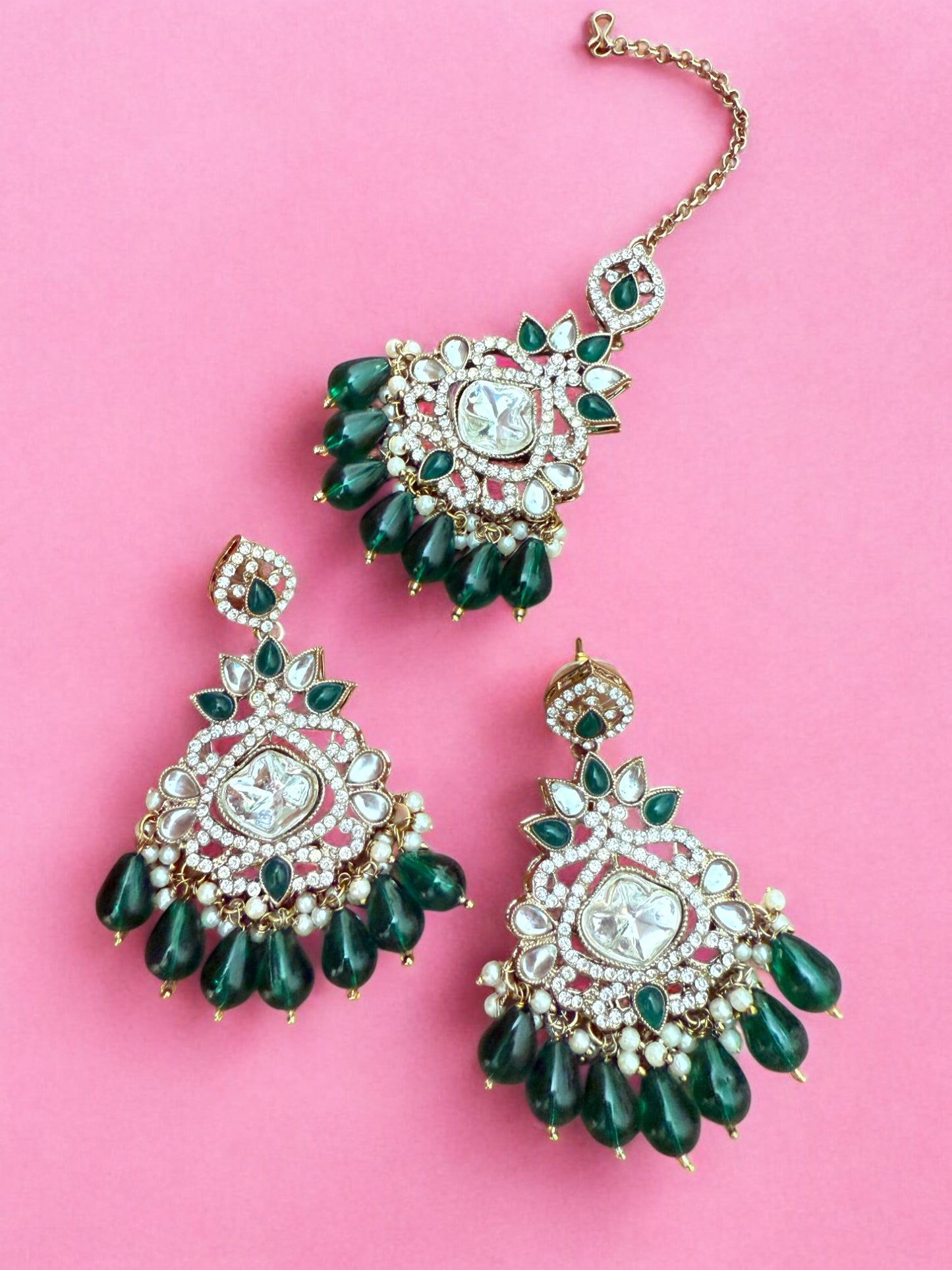 Bridal Green Stone Polki Choker with Earrings & Maangtikka