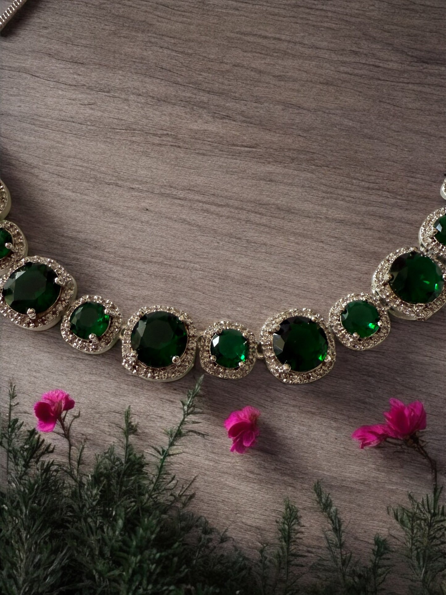 Rhodium Plated Green Large Small Stone Studded Necklace Set