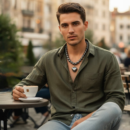 Men Gunmetal Tone Beaded Necklace with Heart Pendant