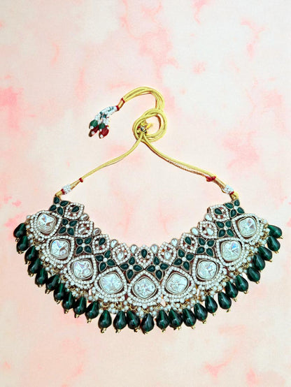 Bridal Green Stone Polki Choker with Earrings & Maangtikka