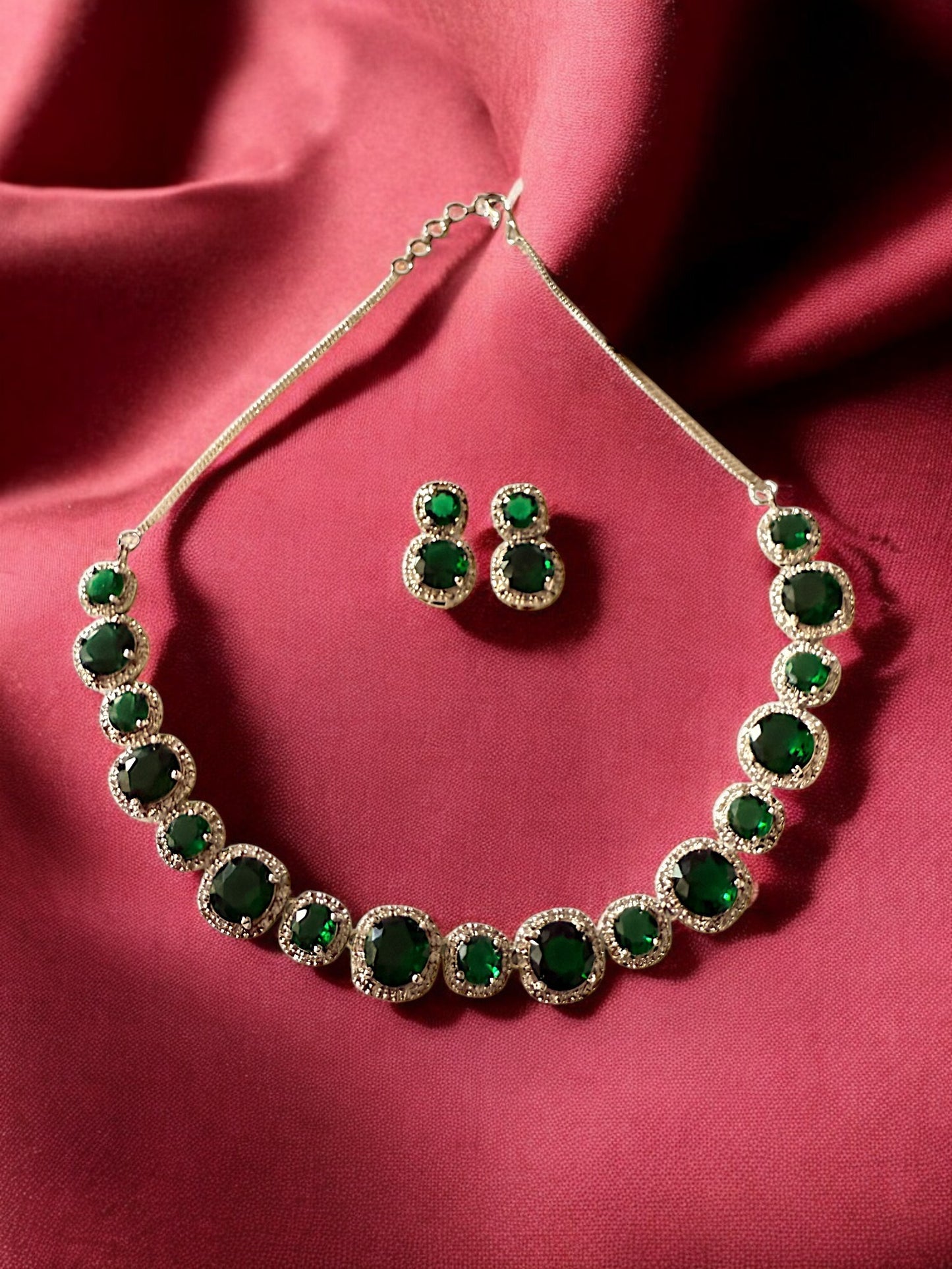 Rhodium Plated Green Large Small Stone Studded Necklace Set