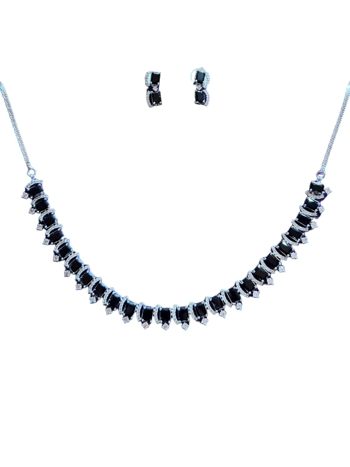 Brilliant Necklace Set with Black Gemstones, Rhodium Plating, 46 cm Length