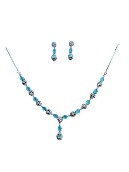 Turquoise and Rhodium Plated Necklace Set with Earrings, Intricate Design