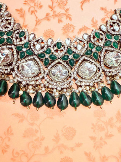 Bridal Green Stone Polki Choker with Earrings & Maangtikka