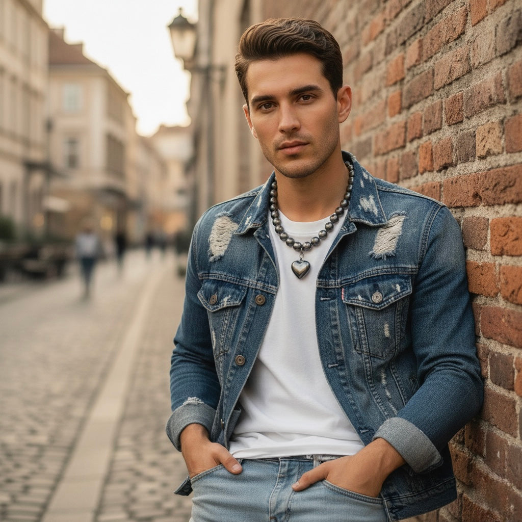 Men Gunmetal Tone Beaded Necklace with Heart Pendant