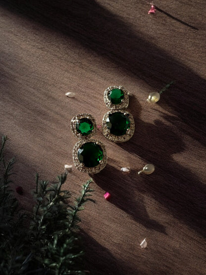 Rhodium Plated Green Large Small Stone Studded Necklace Set