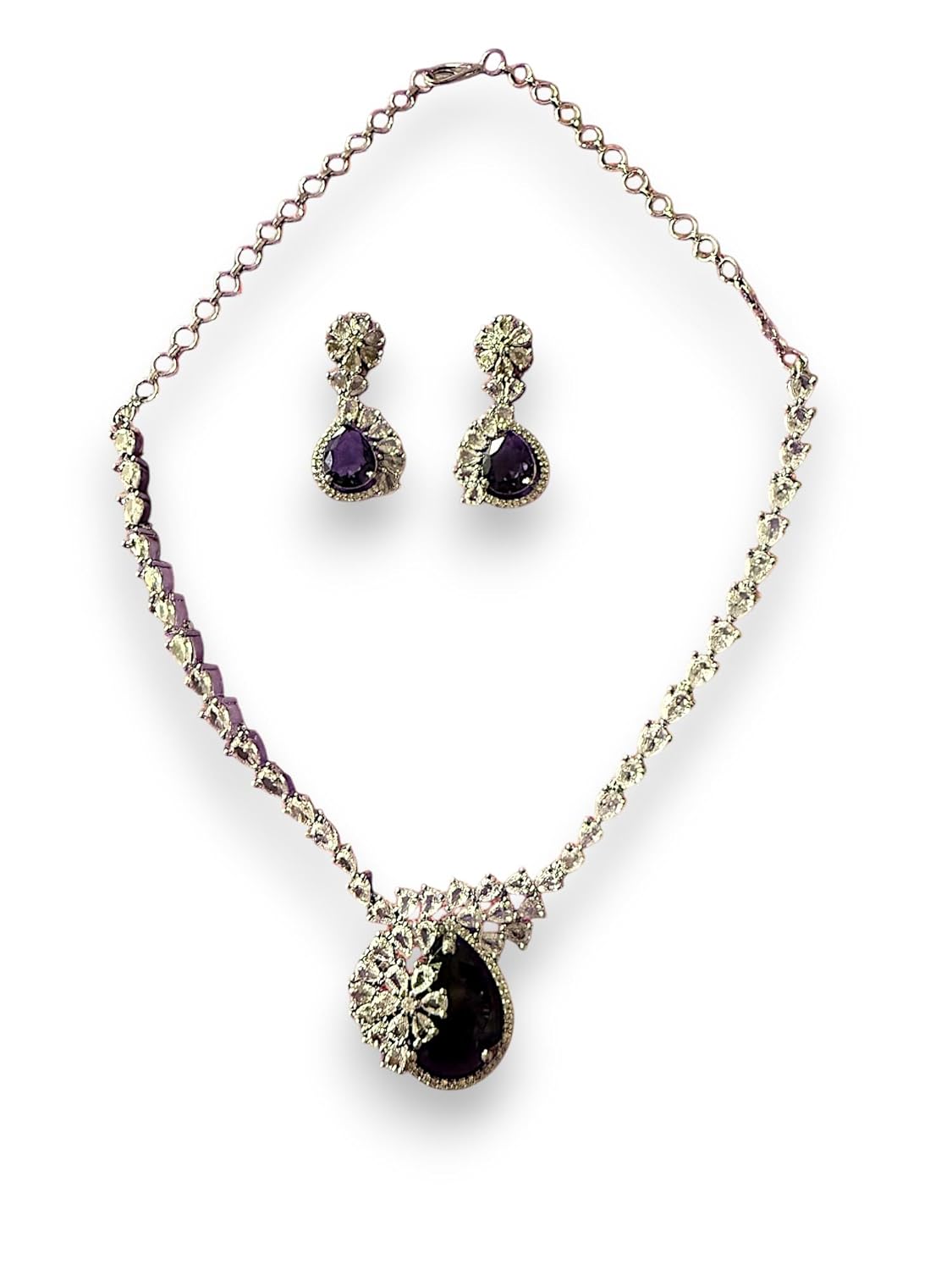 Rebekah Rhodium Plated Purple Cubic Zircon Studded Necklace Set