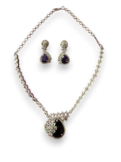 Rebekah Rhodium Plated Purple Cubic Zircon Studded Necklace Set