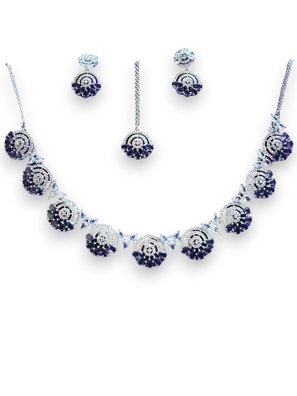 Glamorous Rhinestone-Studded Necklace and Earrings Set, Deep Purple Colour