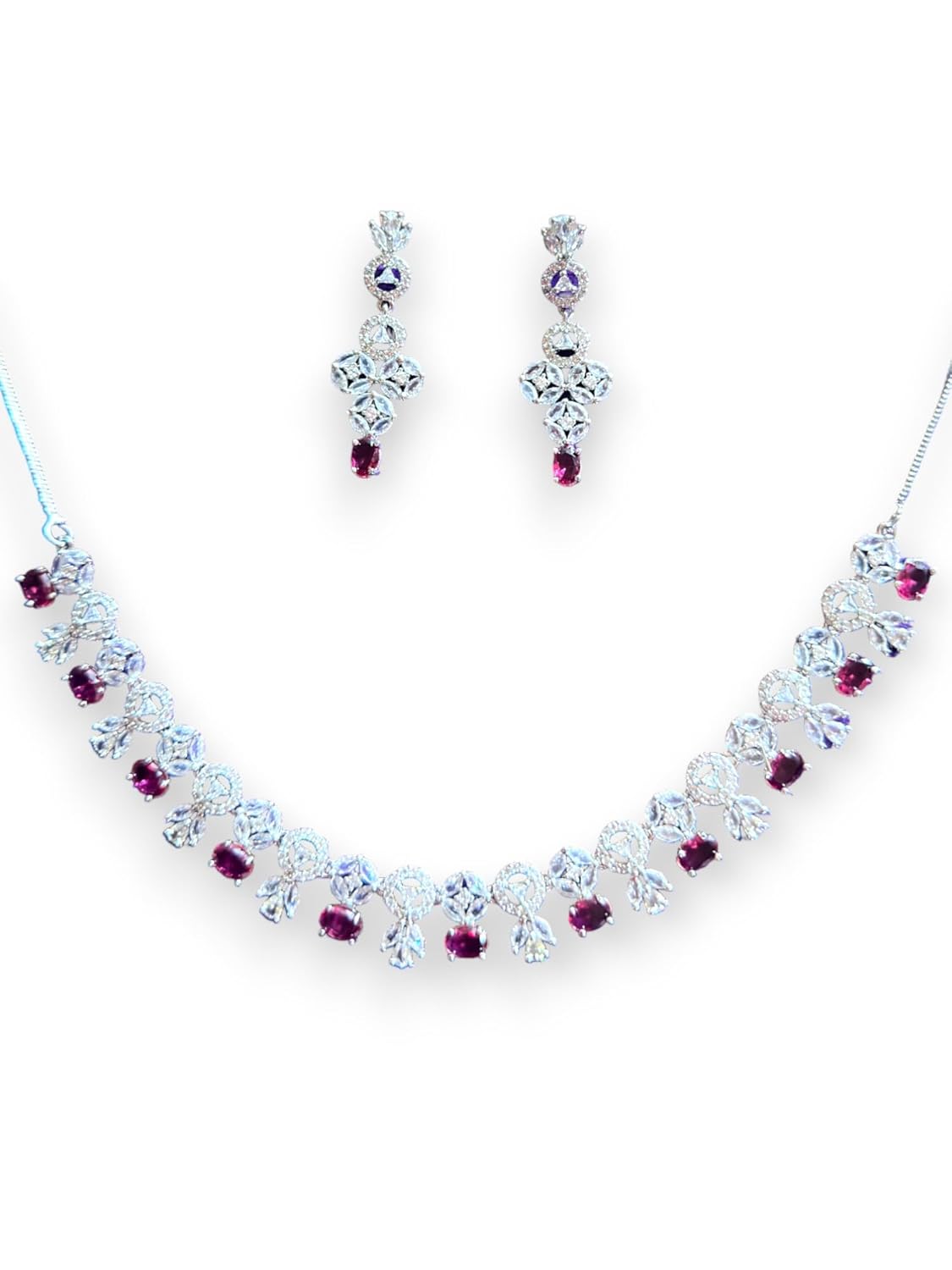 Elegant Cubic Zirconia and Ruby Necklace Set, Dazzling Gemstone Jewellery