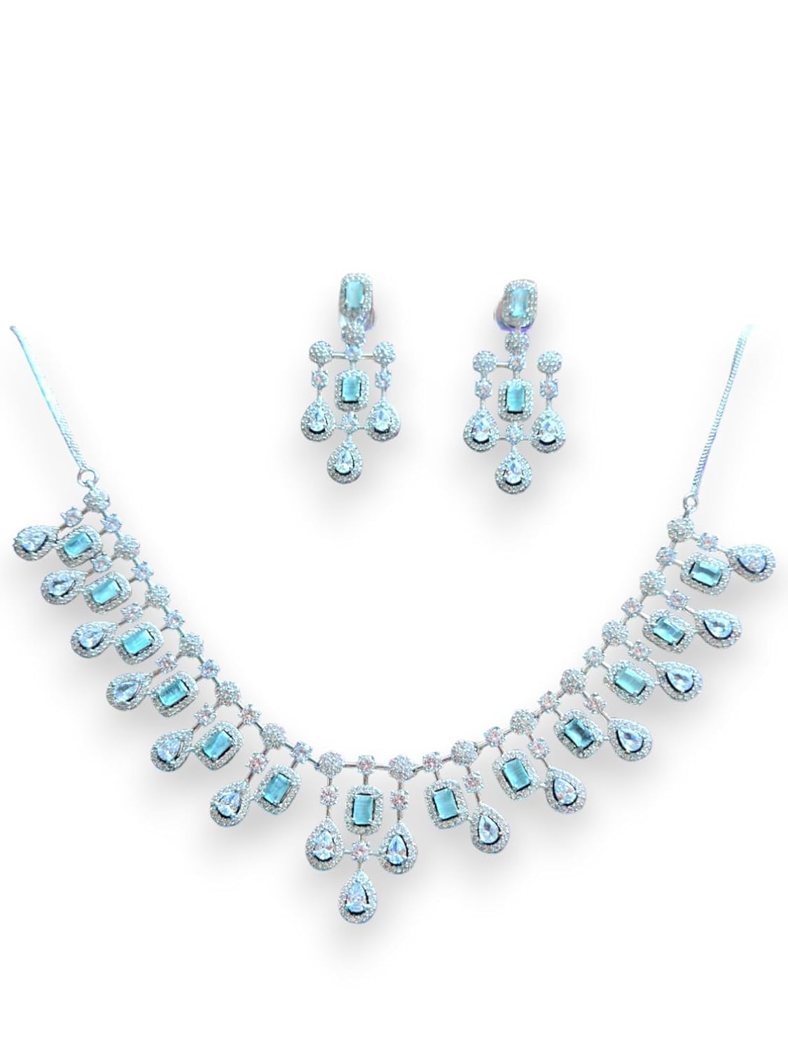 Elegant Aquamarine Gemstone Necklace Set, Rhodium Plated