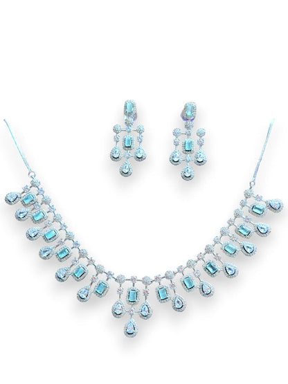 Elegant Aquamarine Gemstone Necklace Set, Rhodium Plated