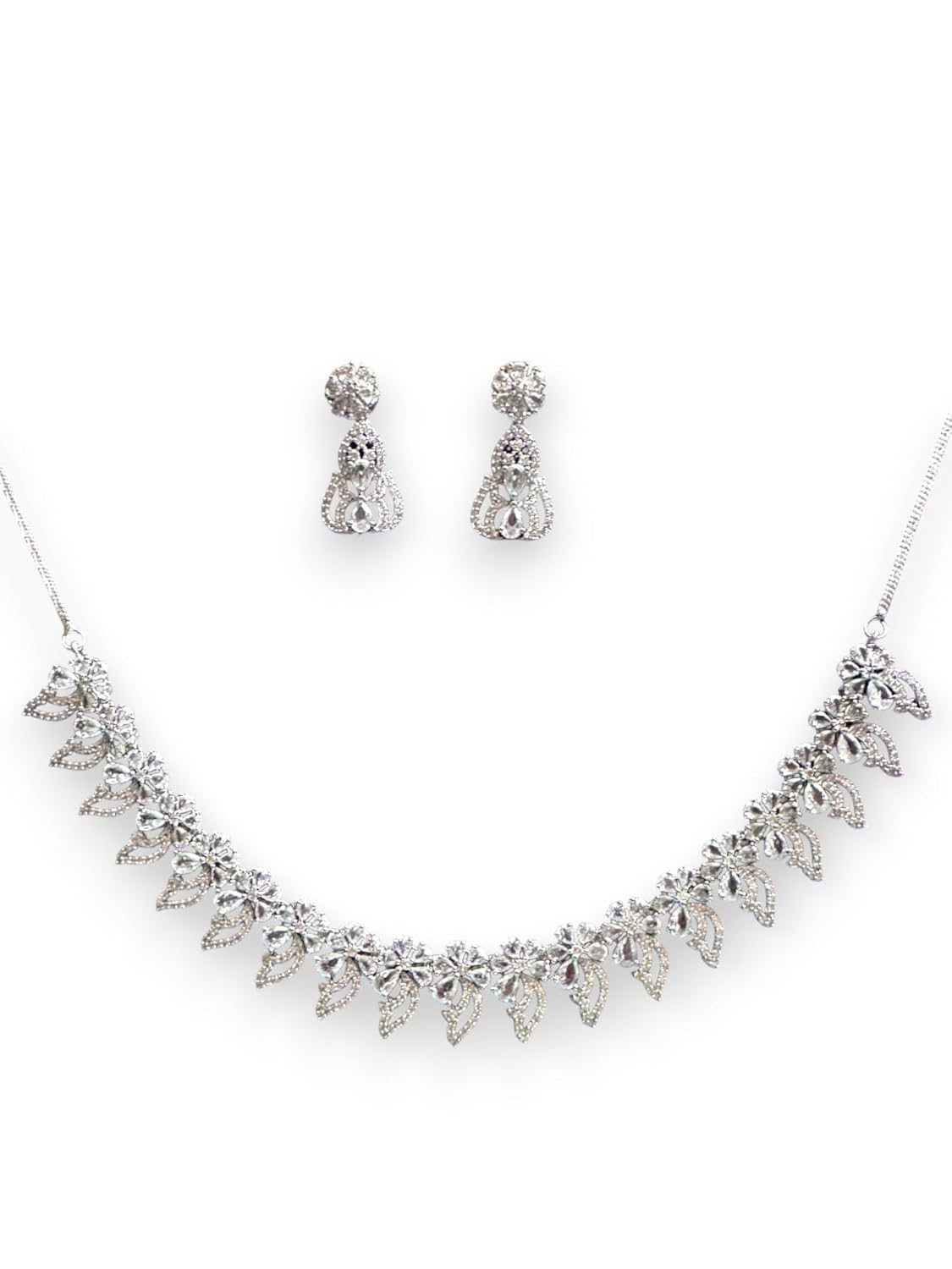 Cubic Zirconia Necklace Set with Leaf Design, 50 cm Chain, Silver Tone