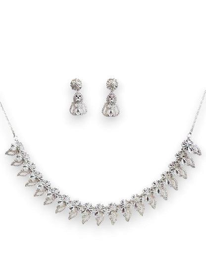 Cubic Zirconia Necklace Set with Leaf Design, 50 cm Chain, Silver Tone