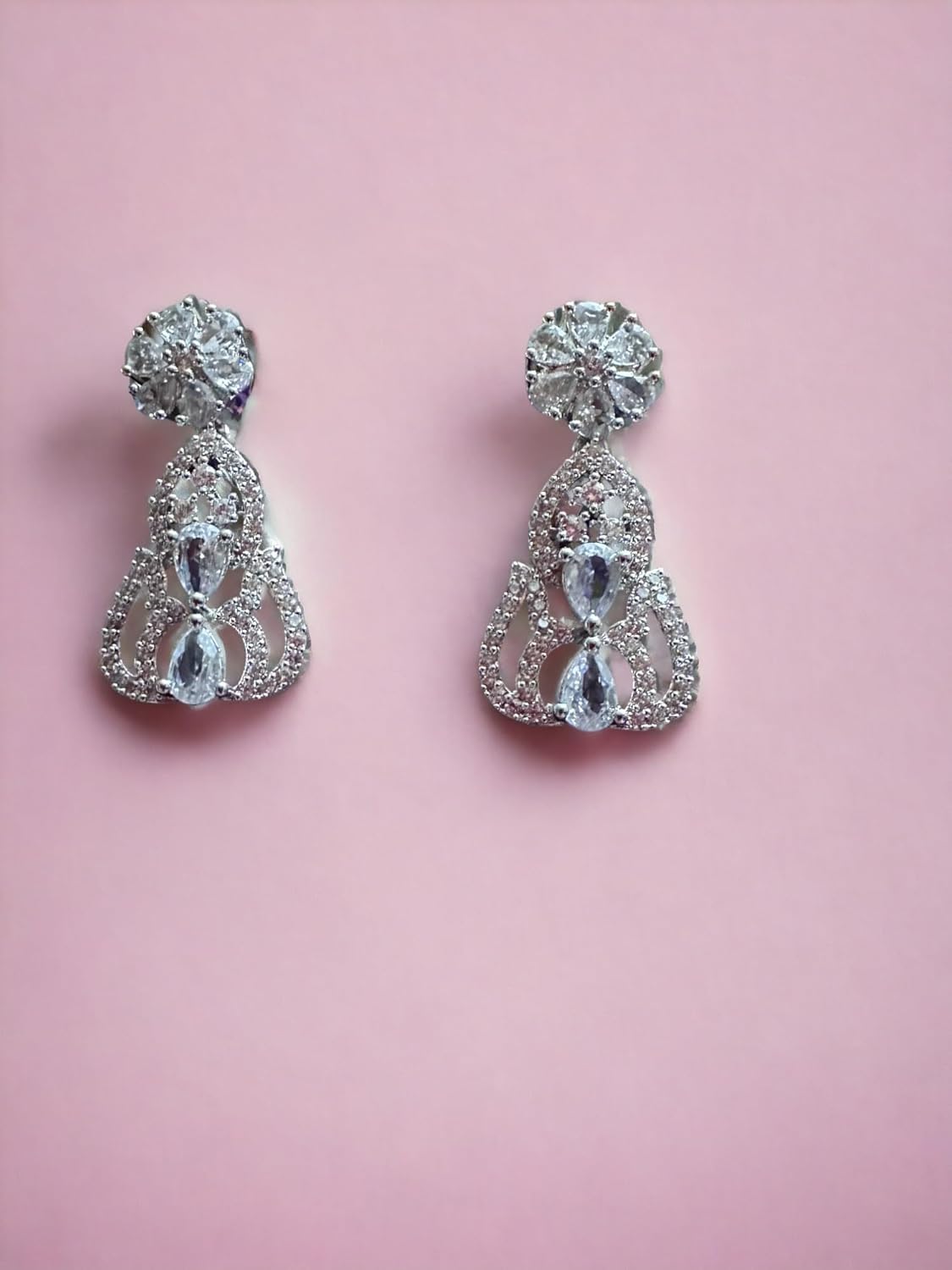 Cubic Zirconia Necklace Set with Leaf Design, 50 cm Chain, Silver Tone