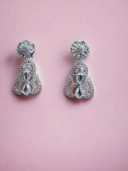 Cubic Zirconia Necklace Set with Leaf Design, 50 cm Chain, Silver Tone