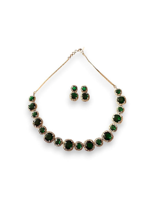 Rebekah Rhodium Plated Green Large Small Studded Necklace Set