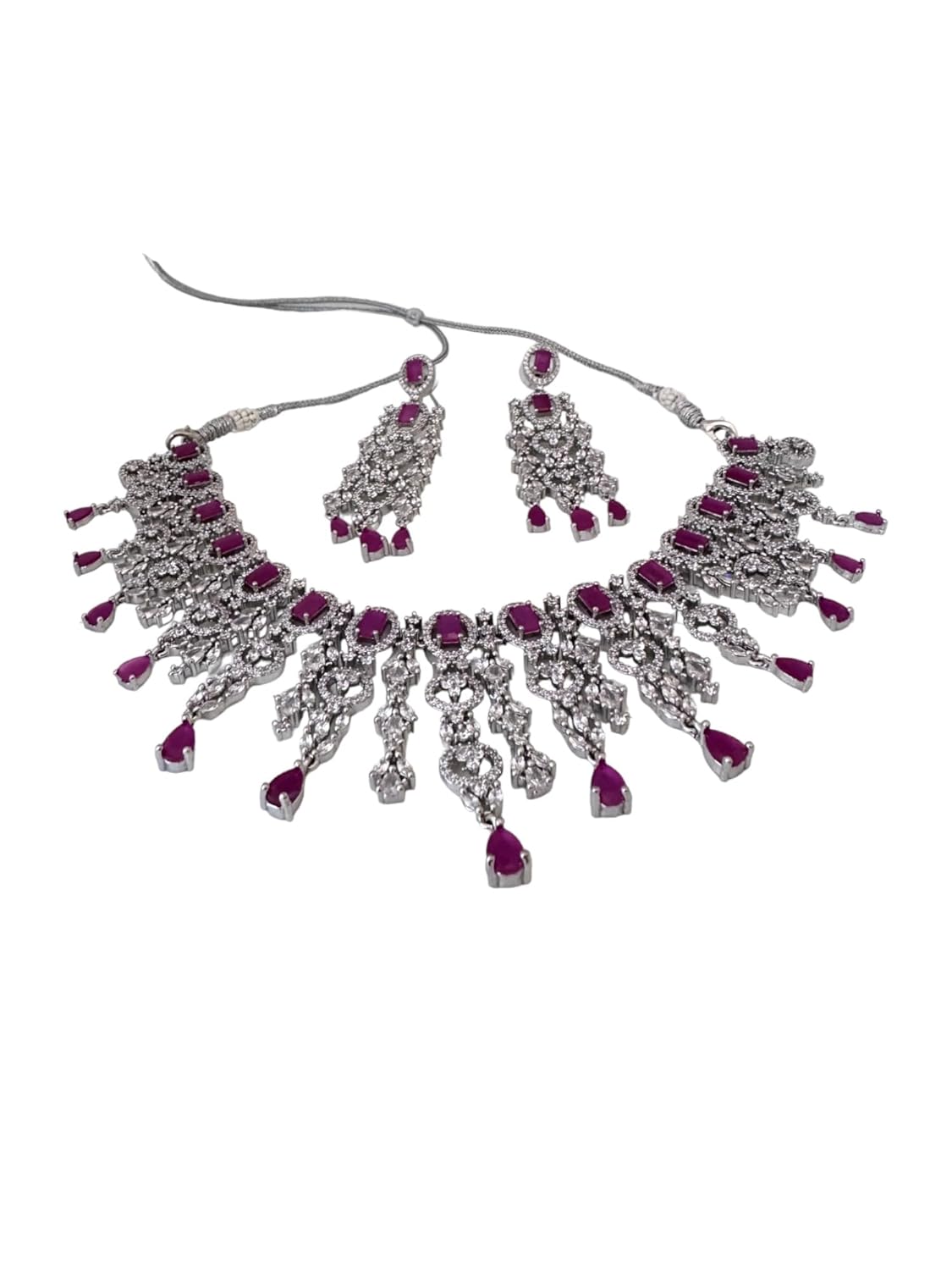 Pink Stone Jewelry Set for Women, Neckpiece with Drop Earrings, Encrusted Stones