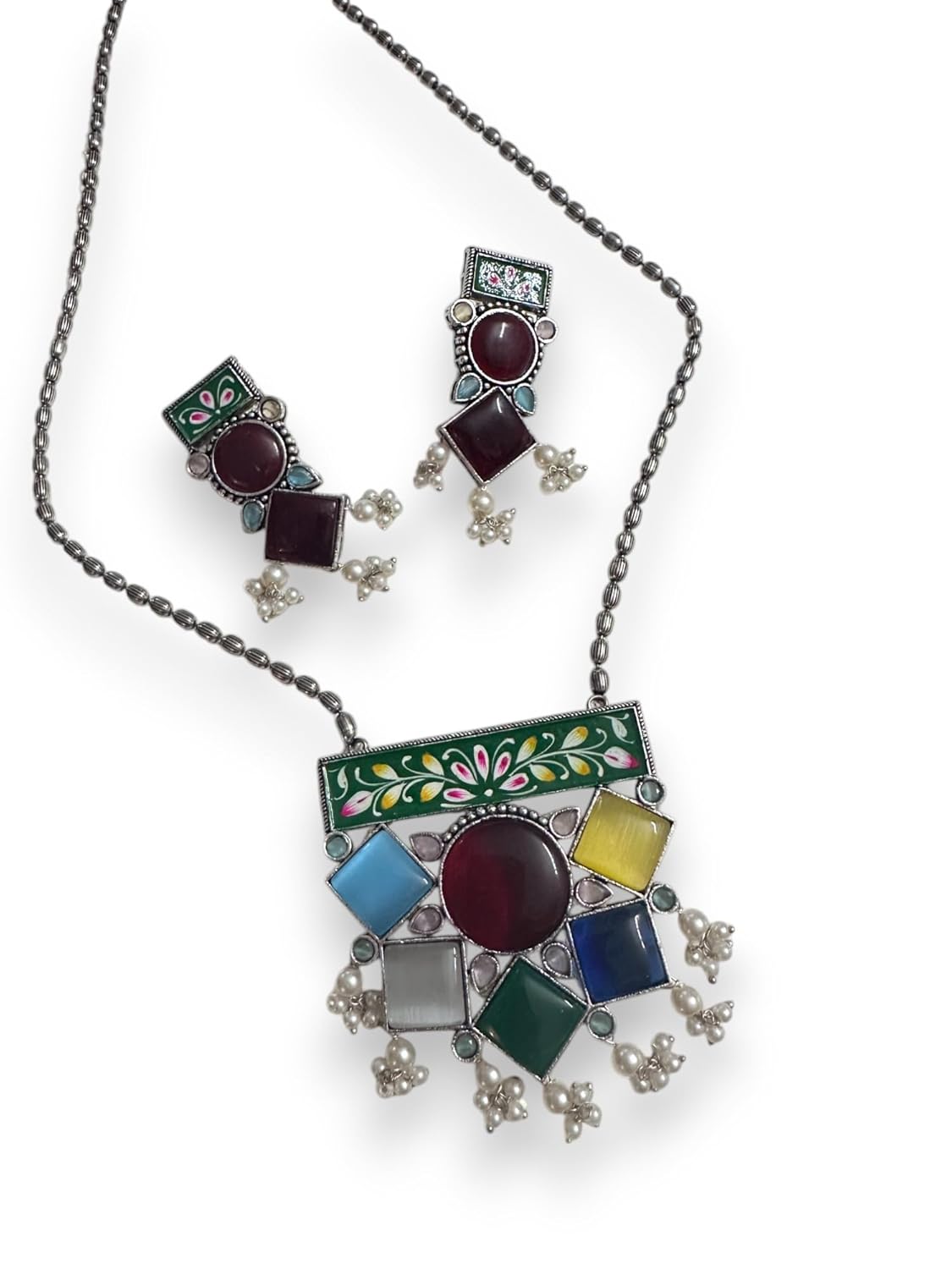 Handcrafted Multicolour Enamel Jewellery Set, Floral Design Pendant Necklace with Matching Earrings, Pearl Drops