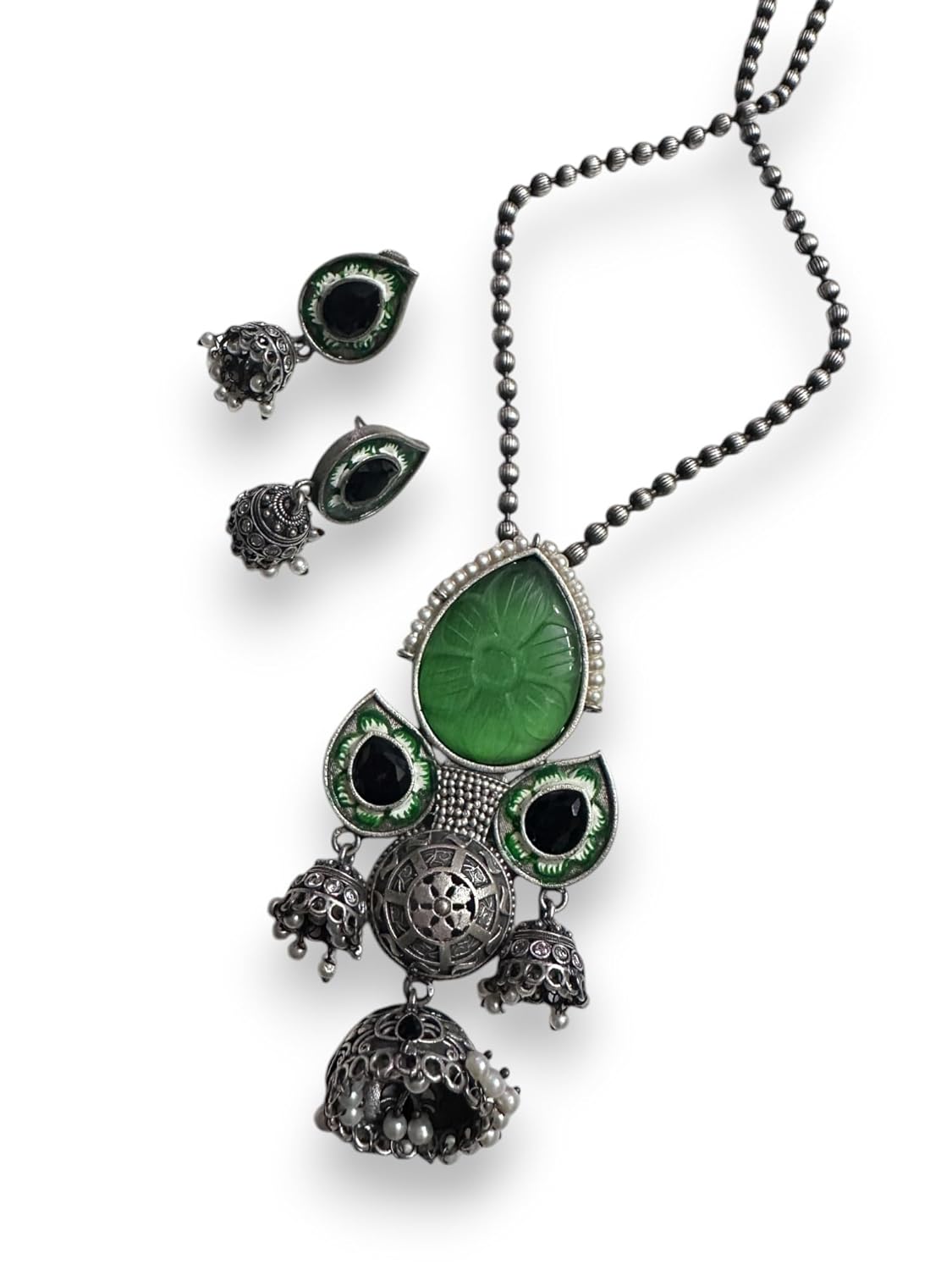 Vintage Style Oxidized Silver Necklace and Earring Set with Green Glass Pendant, Jhumka Danglers