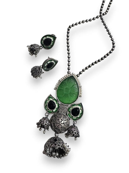 Vintage Style Oxidized Silver Necklace and Earring Set with Green Glass Pendant, Jhumka Danglers