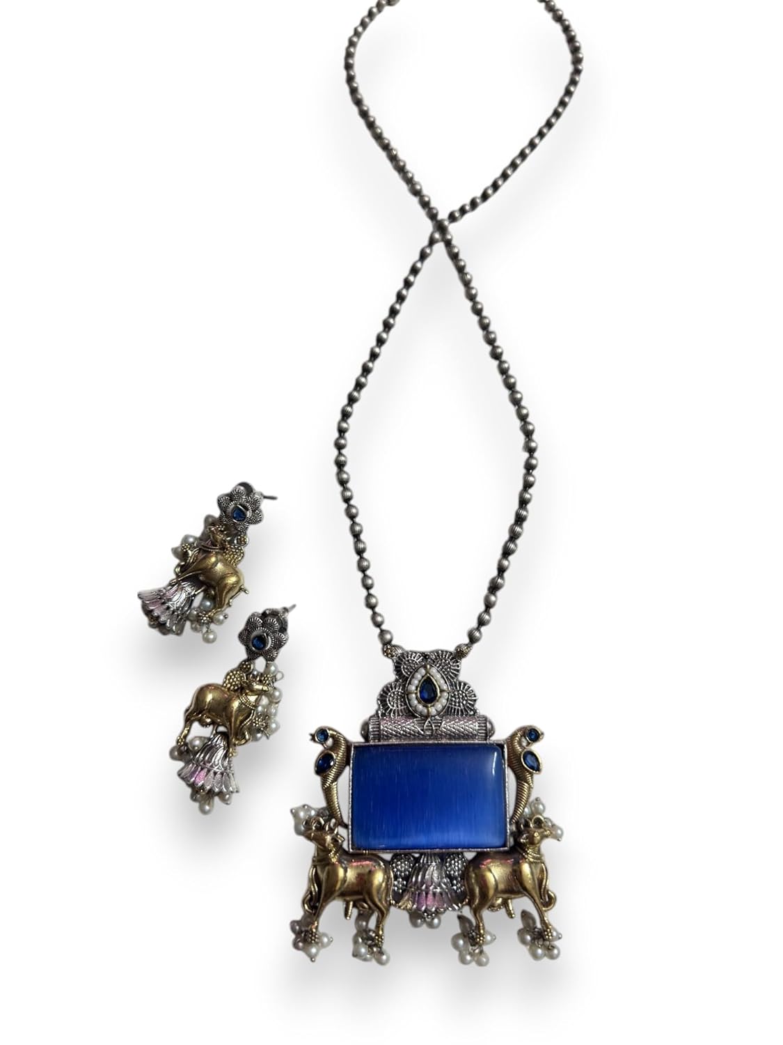 Vintage Style Elephant Pendant Necklace Set, Blue Stone, Antique Finish, Pearl Beads