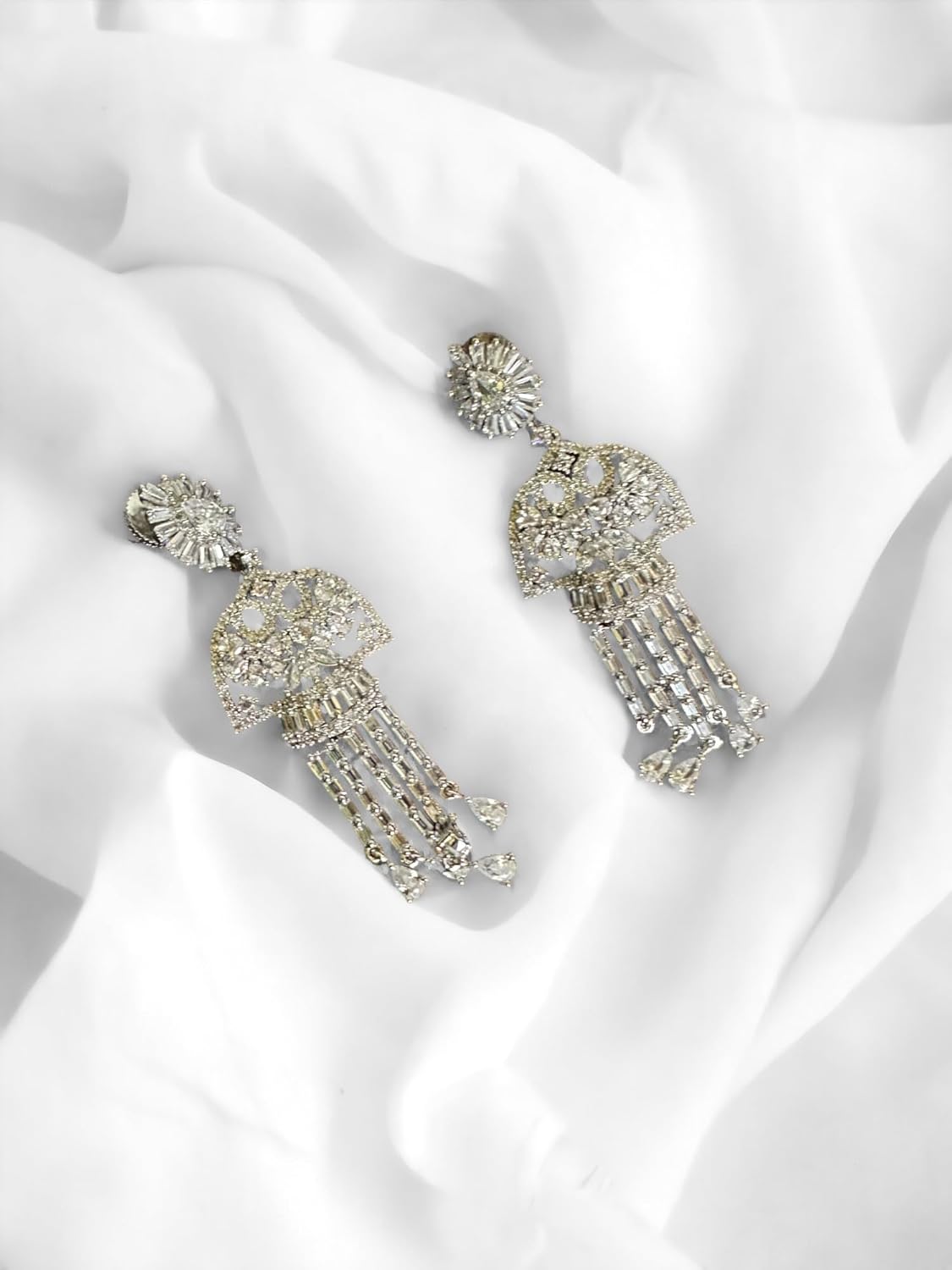 Crystal Drop Tassel Earrings for Women, Silver