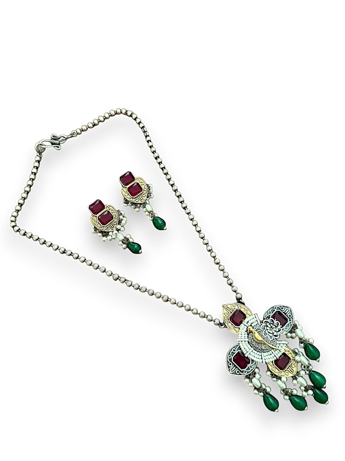 Peacock Elegance Oxidized Necklace Set with Ruby and Emerald Accents