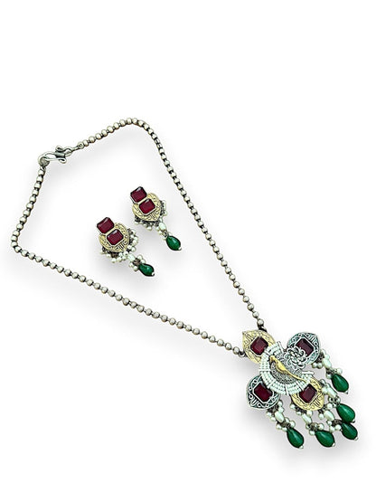 Peacock Elegance Oxidized Necklace Set with Ruby and Emerald Accents