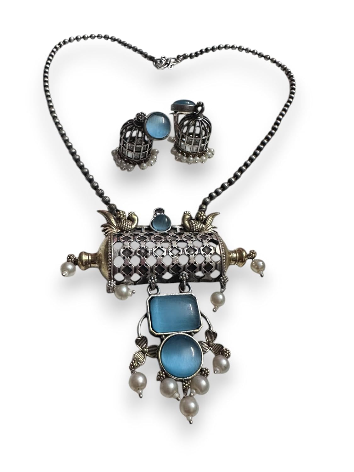 Vintage Style Jewelry Set, Blue Gemstone Pendant Necklace with Pearl Accents and Matching Cage Earrings, Antique Finish