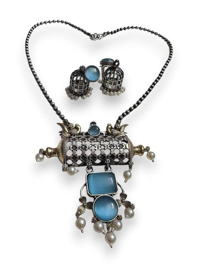 Vintage Style Jewelry Set, Blue Gemstone Pendant Necklace with Pearl Accents and Matching Cage Earrings, Antique Finish