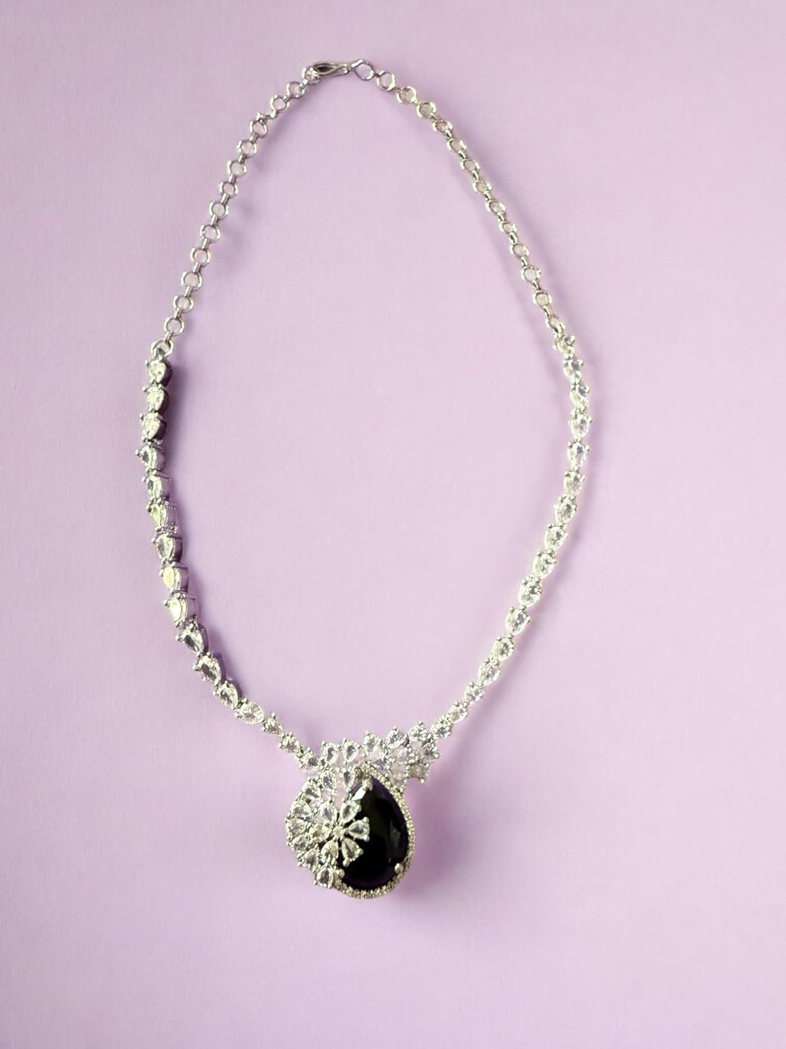 Rebekah Rhodium Plated Purple Cubic Zircon Studded Necklace Set