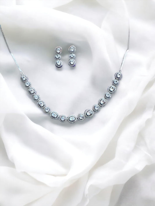 Rhodium Plated Cubic Zirconia Necklace and Earrings Set