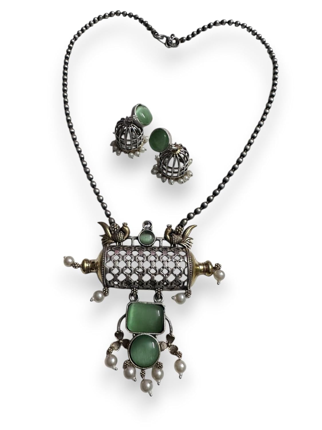 Vintage Style Pendant Necklace Set with Green Stones, Pearl Beads, Antique Metal Cage Design, Matching Jhumka Earrings