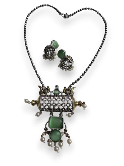 Vintage Style Pendant Necklace Set with Green Stones, Pearl Beads, Antique Metal Cage Design, Matching Jhumka Earrings