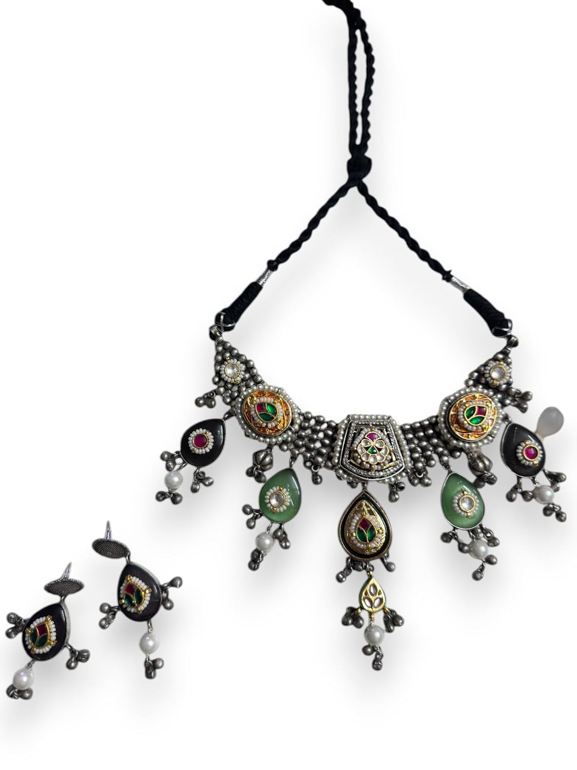 Vintage Style Choker Necklace Set with Earrings, Black Thread, Pearl Drops, Green and Pink Gemstones, Antique Silver Finish