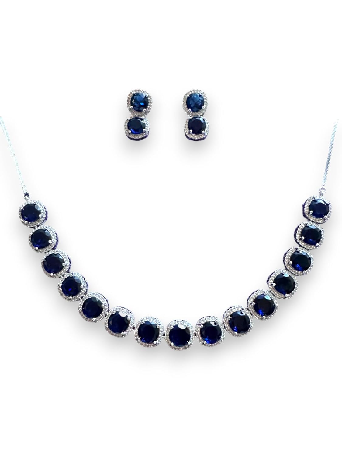 Sterling Silver Necklace and Earrings Set with Blue Sapphire Stones, Halo Design