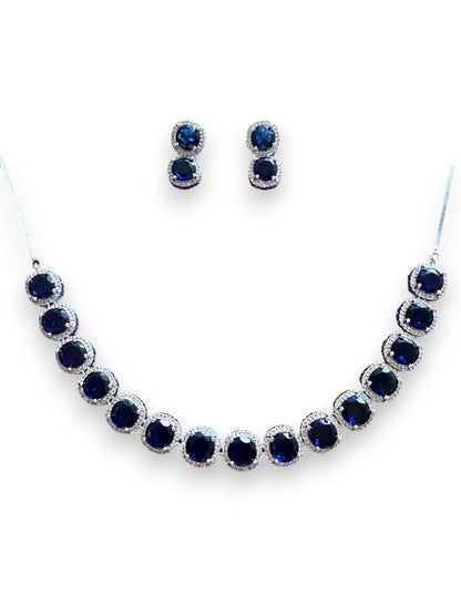 Sterling Silver Necklace and Earrings Set with Blue Sapphire Stones, Halo Design