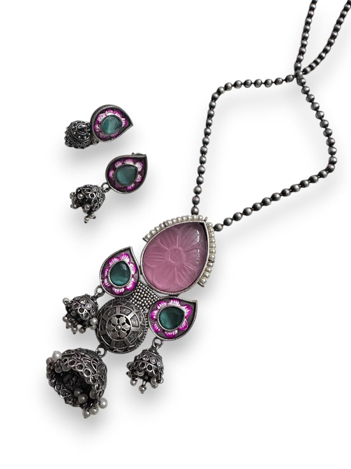 Vintage Style Pendant Necklace Set with Pink Stone and Green Accents, Oxidised Silver Jhumka Earrings, Antique Finish