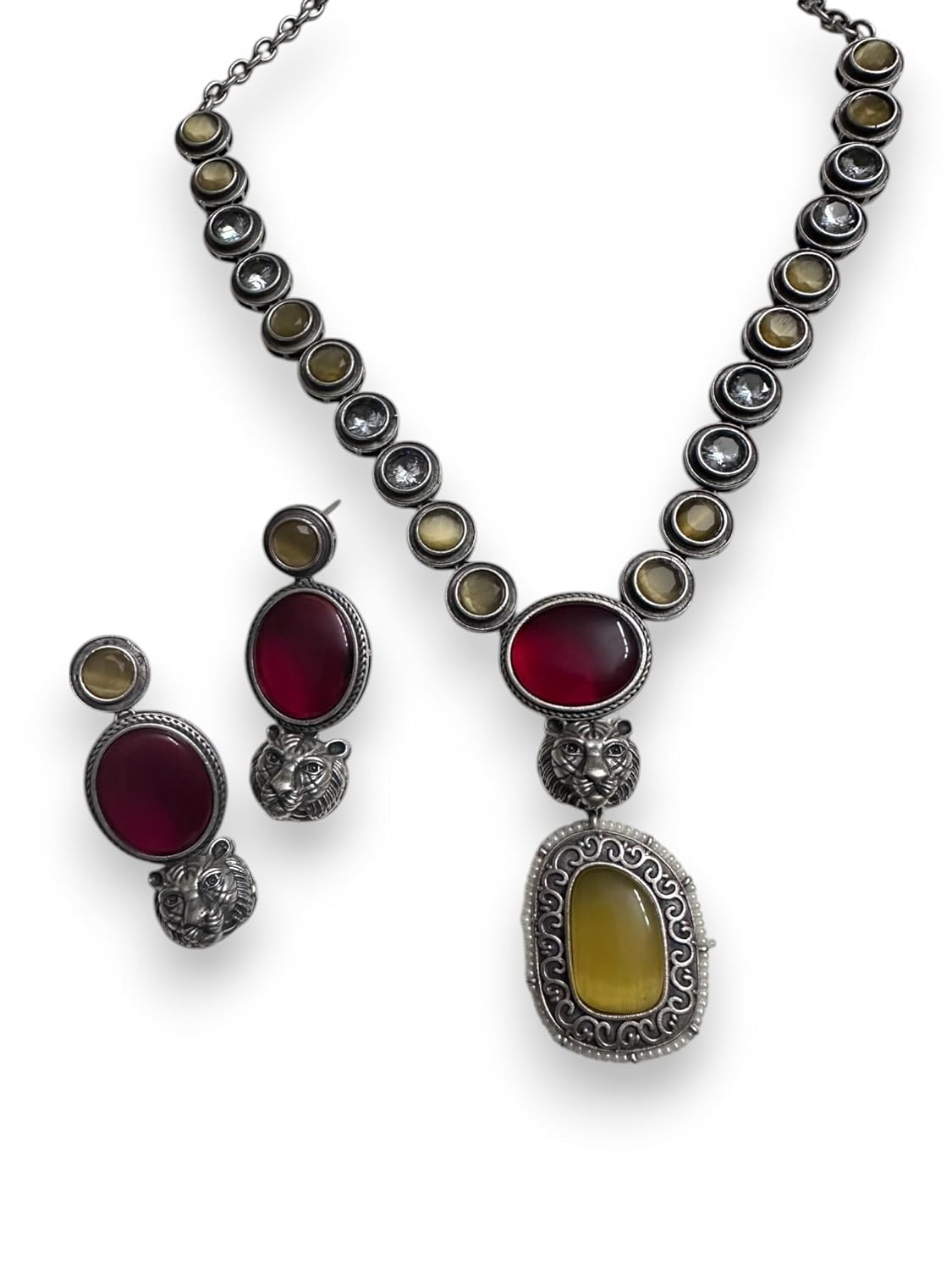 Vintage Style Jewelry Set with Lion Charm, Ruby Red and Yellow Stones and Matching Earrings