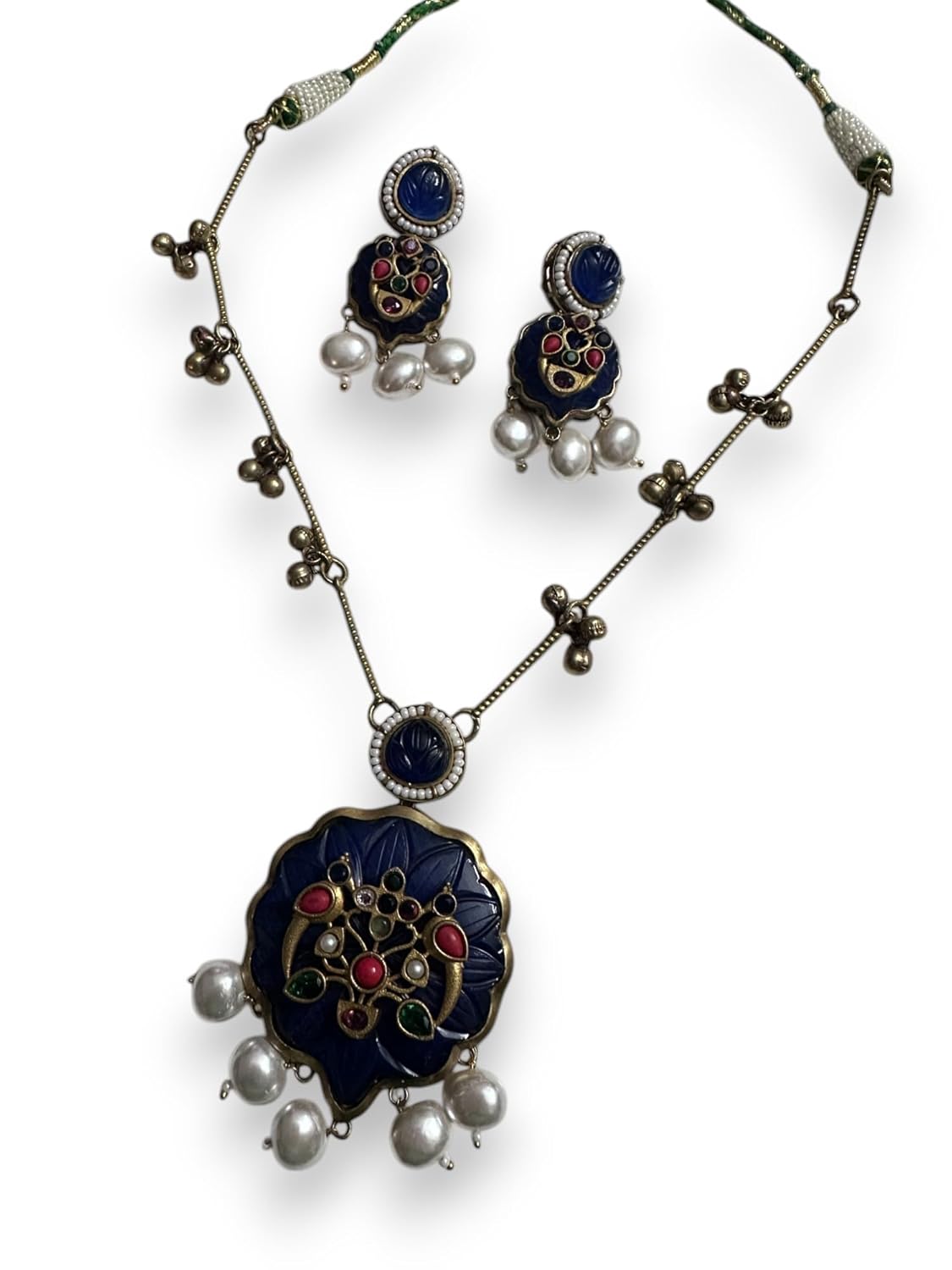 Vintage Style Jewellery Set, Navy Blue Enamel Pendant Necklace with Pearl Drops and Matching Earrings, Antique Bronze Finish