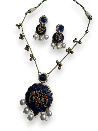 Vintage Style Jewellery Set, Navy Blue Enamel Pendant Necklace with Pearl Drops and Matching Earrings, Antique Bronze Finish
