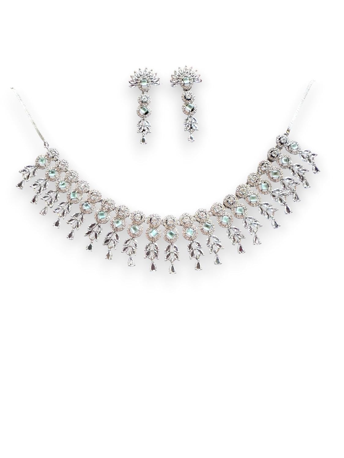 Glamorous Diamante Necklace Set with Earrings, Floral Design, Silver Tone